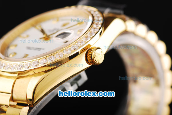 Rolex Day Date II Automatic Movement Full Gold with Diamond Bezel-White Dial and Diamond Markers - Click Image to Close